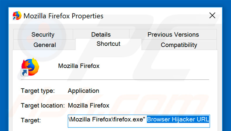 Eliminar la url no deseada del destino del acceso directo de Mozilla Firefox paso 2