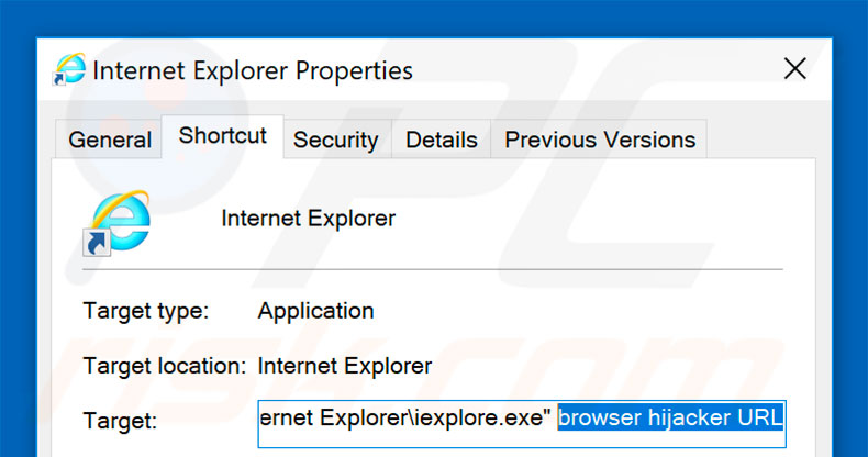 Eliminar la url no deseada del destino del acceso directo de Internet Explorer paso 2