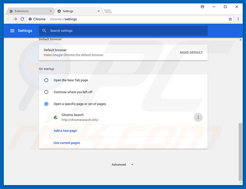 Eliminando chromesearch.info de la página de inicio de Google Chrome