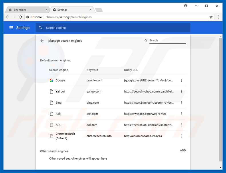 Eliminando chromesearch.info del motor de búsqueda por defecto de Google Chrome