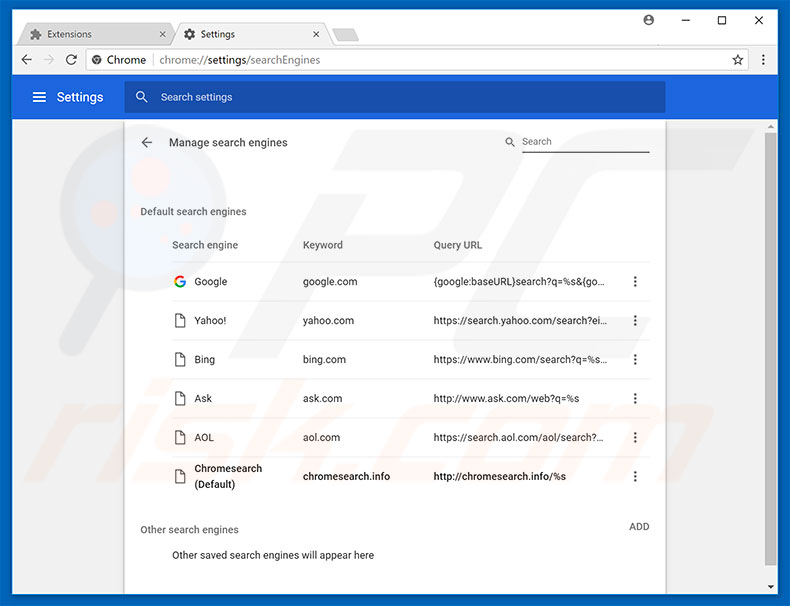 Eliminando chromesearch.info del motor de búsqueda por defecto de Google Chrome