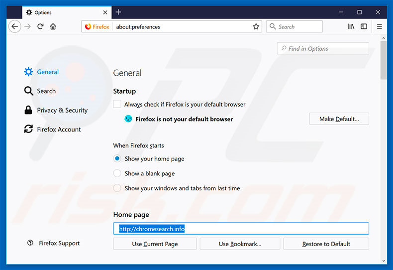 Eliminando chromesearch.info de la página de inicio de Mozilla Firefox
