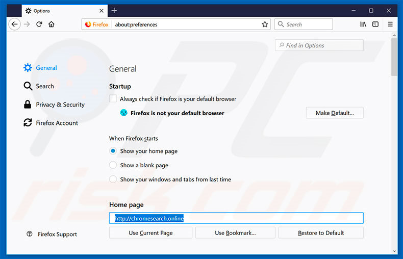 Eliminando chromesearch.online de la página de inicio de Mozilla Firefox