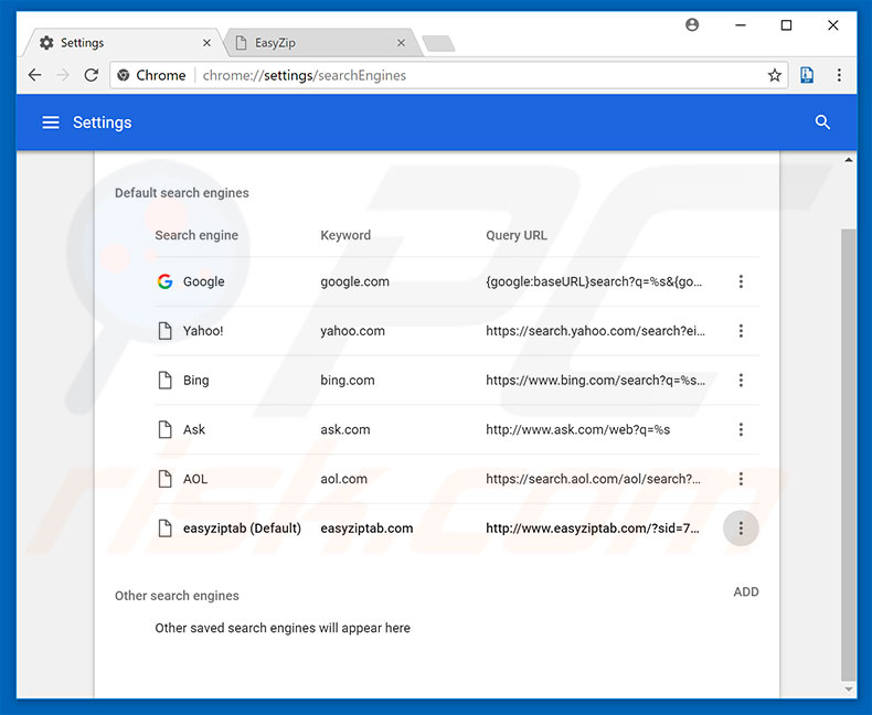 Eliminando easyziptab.com del motor de búsqueda por defecto de Google Chrome