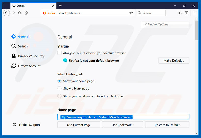 Eliminando easyziptab.com de la página de inicio de Mozilla Firefox