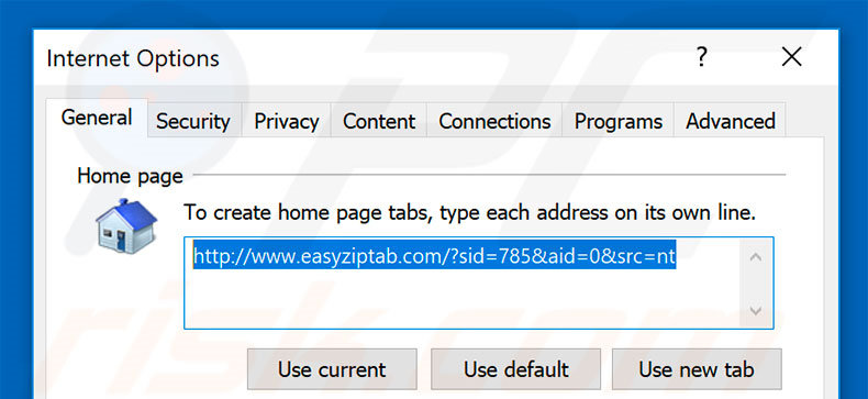 Eliminando easyziptab.com de la página de inicio de Internet Explorer