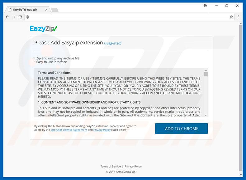 Sitio web destinado a promocionar el secuestrador de navegadores EazyZip