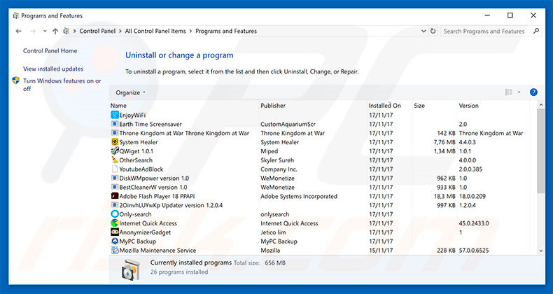 desinstalar el adware FileRepMalware del Panel de control