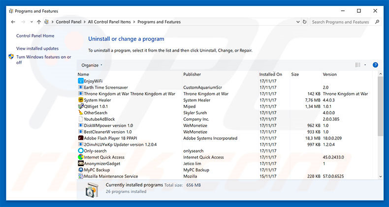 desinstalar el software publicitario Firefox Requires A Manual Update desde el Panel de Control