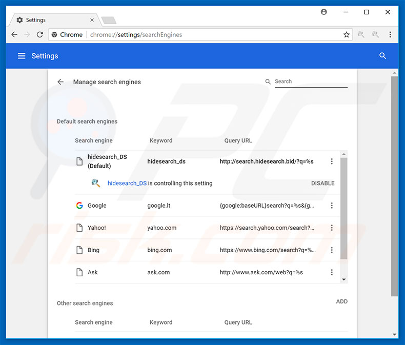 Eliminando search.hidesearch.bid del motor de búsqueda predeterminado de Google Chrome