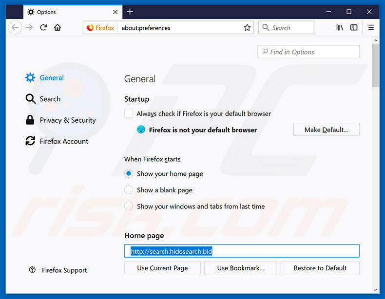 Eliminando search.hidesearch.bid de la página de inicio de Mozilla Firefox