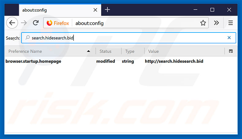 Eliminando search.hidesearch.bid del motor de búsqueda predeterminado de Mozilla Firefox