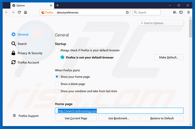 Eliminando search.iezbrowsing.com de la página de inicio de Mozilla Firefox
