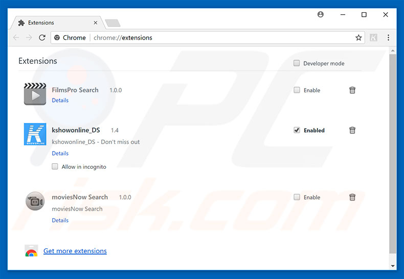 Eliminando las extensiones relacionadas con search.kshowonline.stream de Google Chrome