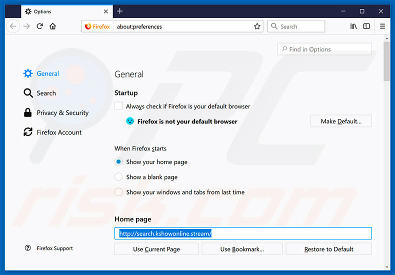 Eliminando search.kshowonline.stream de la página de inicio de Mozilla Firefox