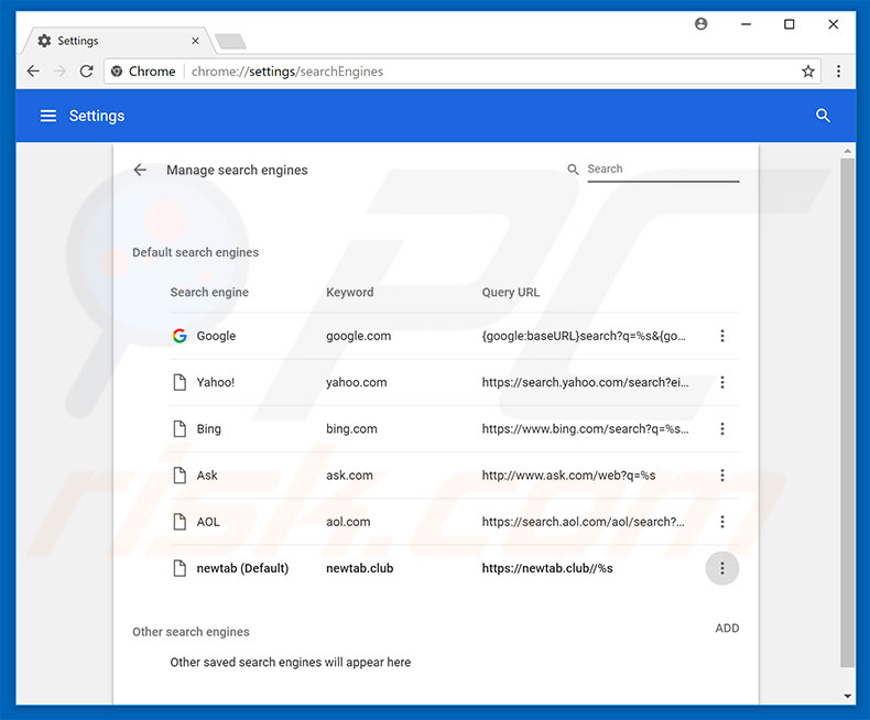 Eliminando newtab.club del motor de búsqueda por defecto de Google Chrome