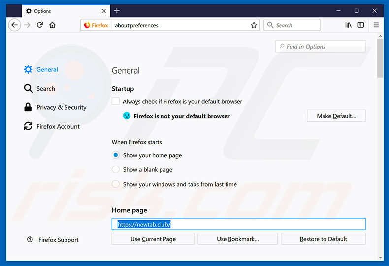 Eliminando newtab.club de la página de inicio de Mozilla Firefox