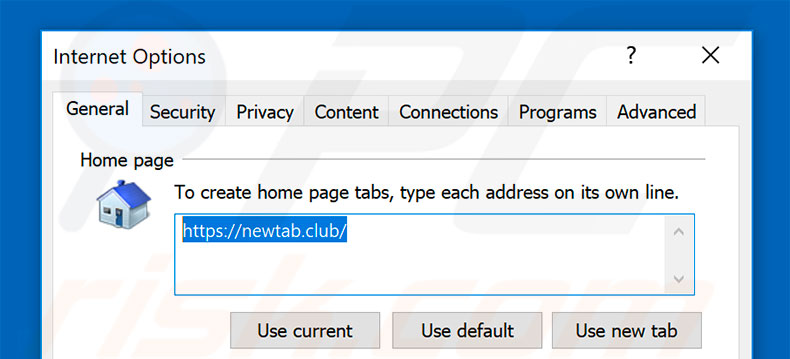 Eliminando newtab.club de la página de inicio de Internet Explorer