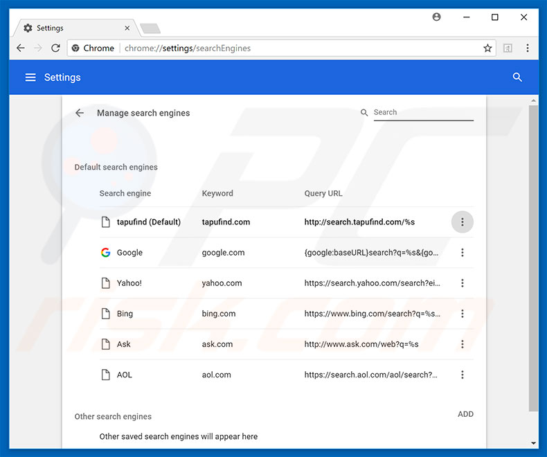 Eliminando search.tapufind.com del motor de búsqueda por defecto de Google Chrome