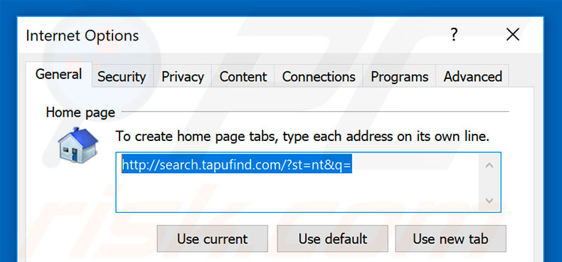 Eliminando search.tapufind.com de la página de inicio de Internet Explorer