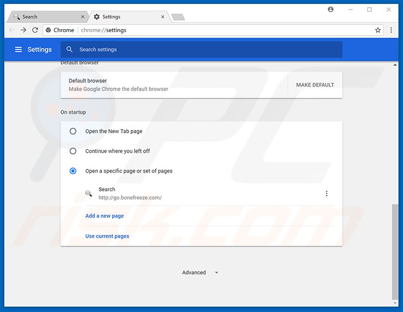 Eliminando go.bonefreeze.com de la página de inicio de Google Chrome