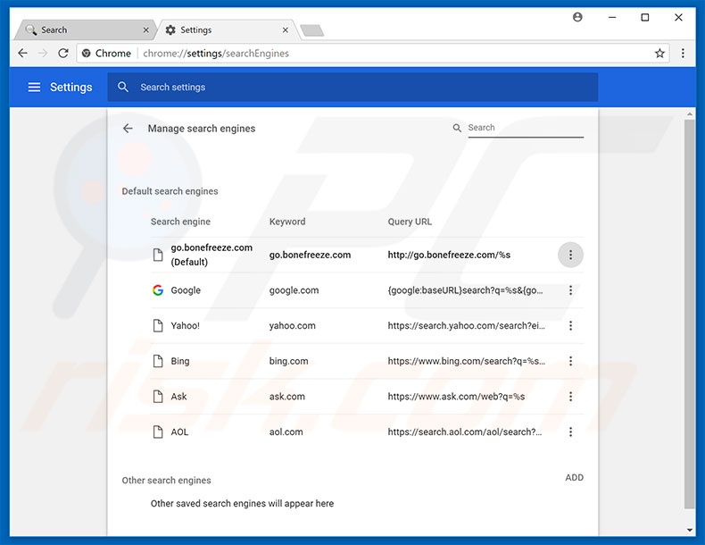 Eliminando go.bonefreeze.com del motor de búsqueda por defecto de Google Chrome