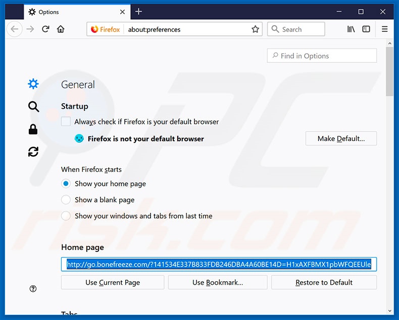 Eliminando go.bonefreeze.com de la página de inicio de Mozilla Firefox