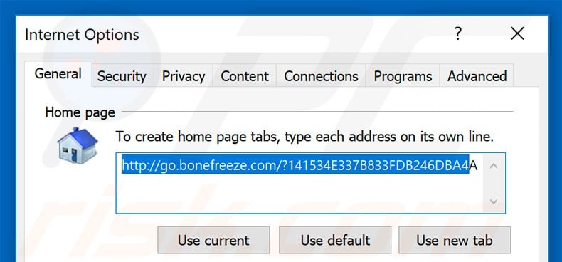 Eliminando go.bonefreeze.com de la página de inicio de Internet Explorer