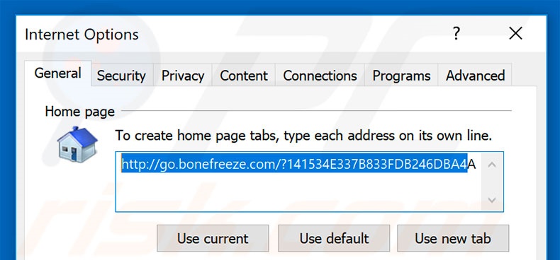 Eliminando go.bonefreeze.com de la página de inicio de Internet Explorer