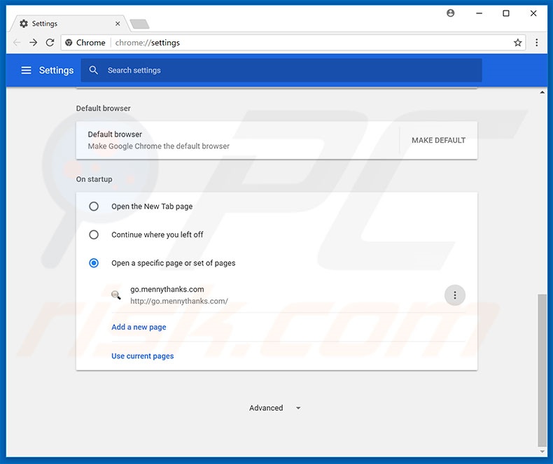 Eliminando go.mennythanks.com de la página de inicio de Google Chrome
