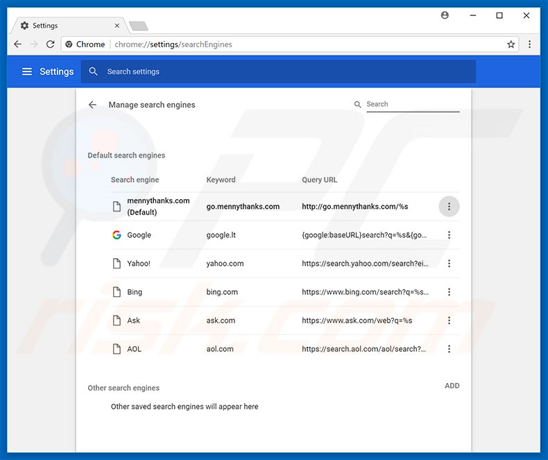 Eliminando go.mennythanks.com del motor de búsqueda por defecto de Google Chrome