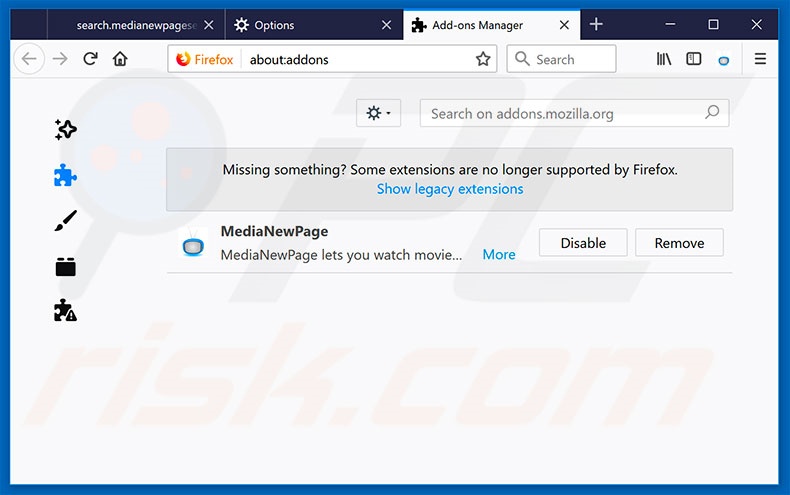 Eliminando go.mennythanks.com de las extensiones de Mozilla Firefox