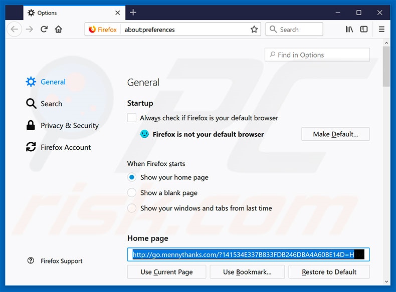 Eliminando go.mennythanks.com de la página de inicio de Mozilla Firefox