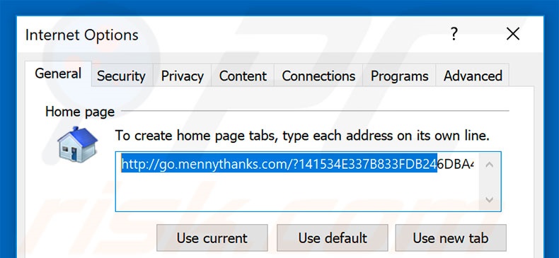 Eliminando go.mennythanks.com de la página de inicio de Internet Explorer