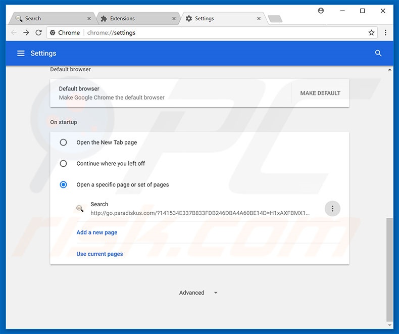 Eliminando go.paradiskus.com de la página de inicio de Google Chrome