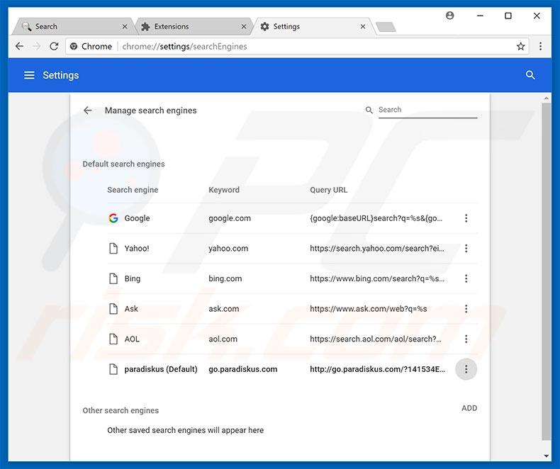 Eliminando go.paradiskus.com del motor de búsqueda por defecto de Google Chrome