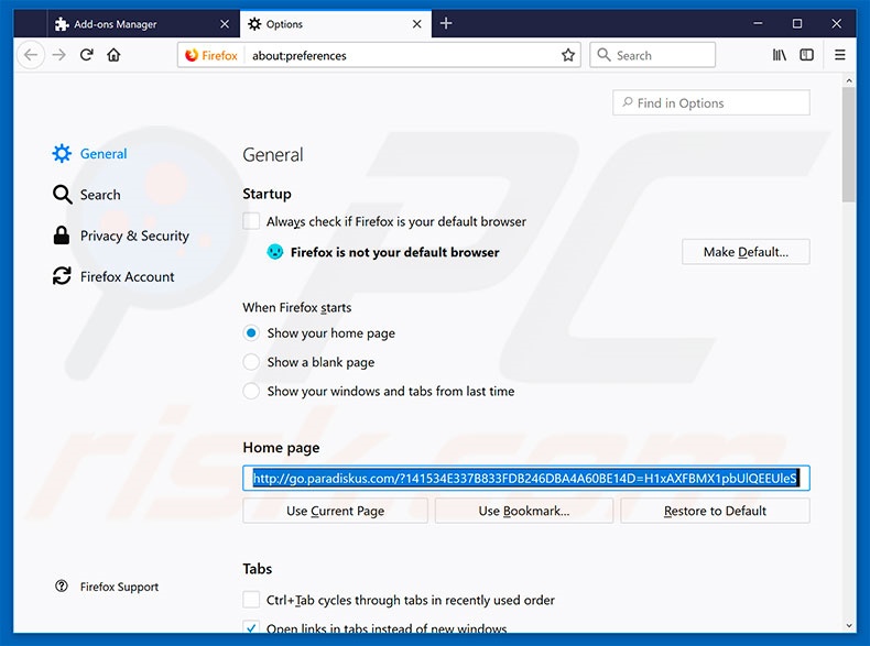 Eliminando go.paradiskus.com de la página de inicio de Mozilla Firefox
