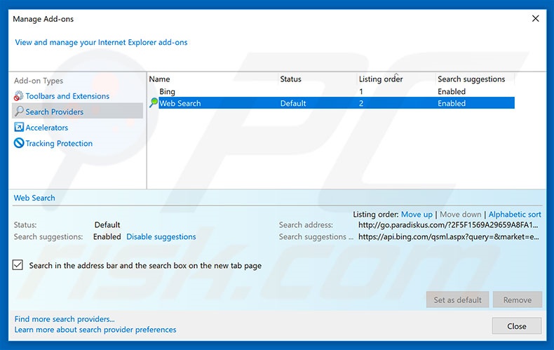 Eliminando go.paradiskus.com del motor de búsqueda por defecto de Internet Explorer