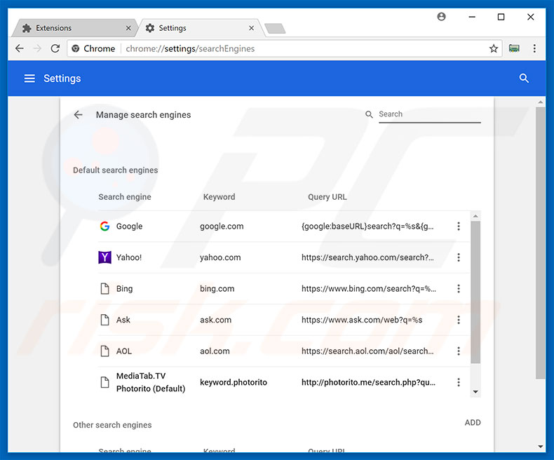 Eliminando search.mediatabtv.online del motor de búsqueda por defecto de Google Chrome