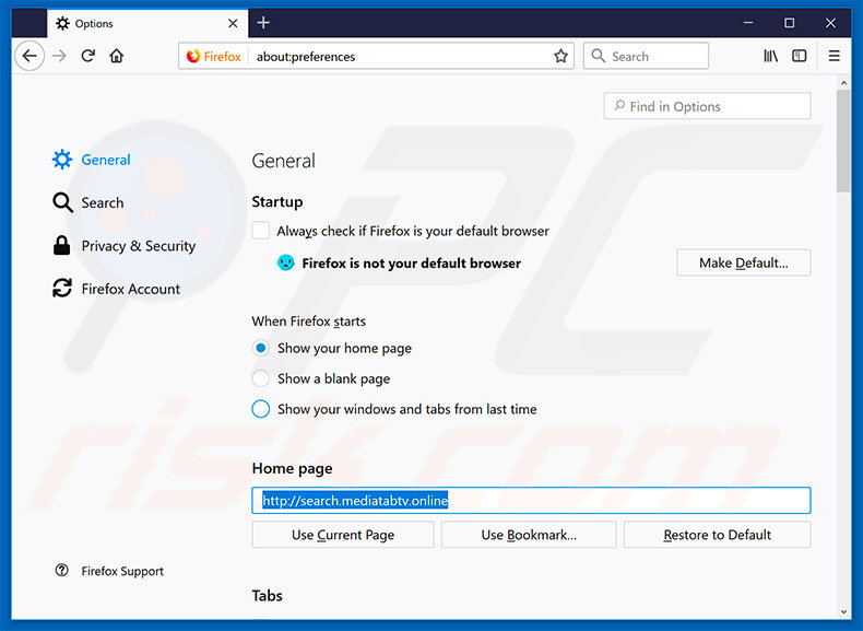 Eliminando search.mediatabtv.online de la página de inicio de Mozilla Firefox
