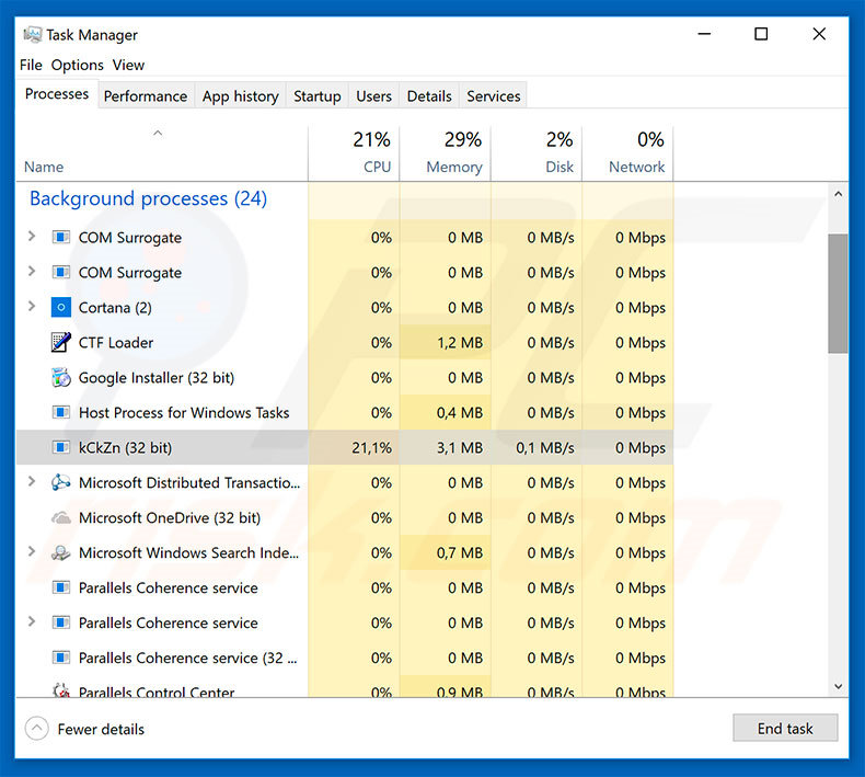 virus MOLE66 en el administrador de tareas