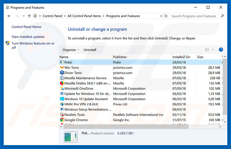 Desinstalación del adware Pokki a través del Panel de control