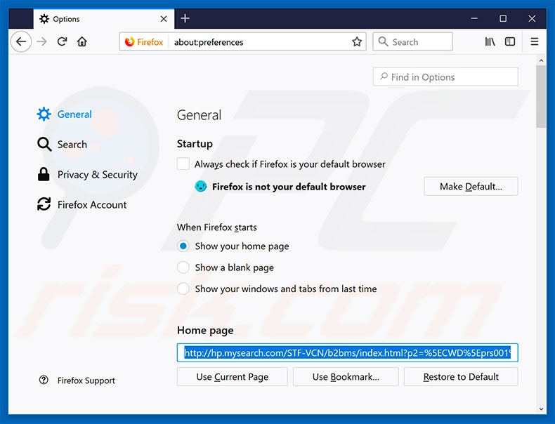 Eliminando hp.mysearch.com de la página de inicio de Mozilla Firefox