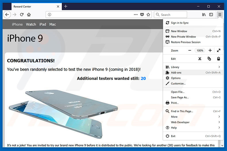 Eliminando los anuncios de You've Been Selected To Test iPhone 9 de Mozilla Firefox paso 1