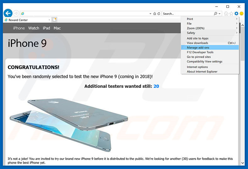 Eliminando los anuncios de You've Been Selected To Test iPhone 9 de Internet Explorer paso 1