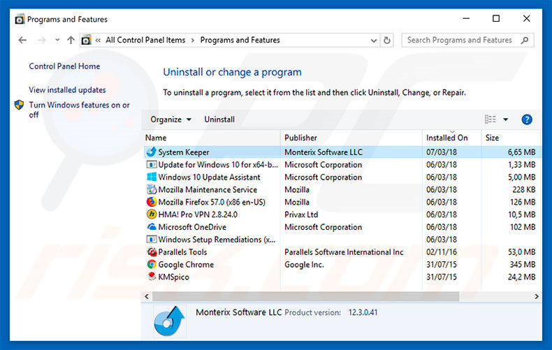 desinstalar el software publicitario Your Windows 10 Is Infected With 3 Viruses desde el panel de control