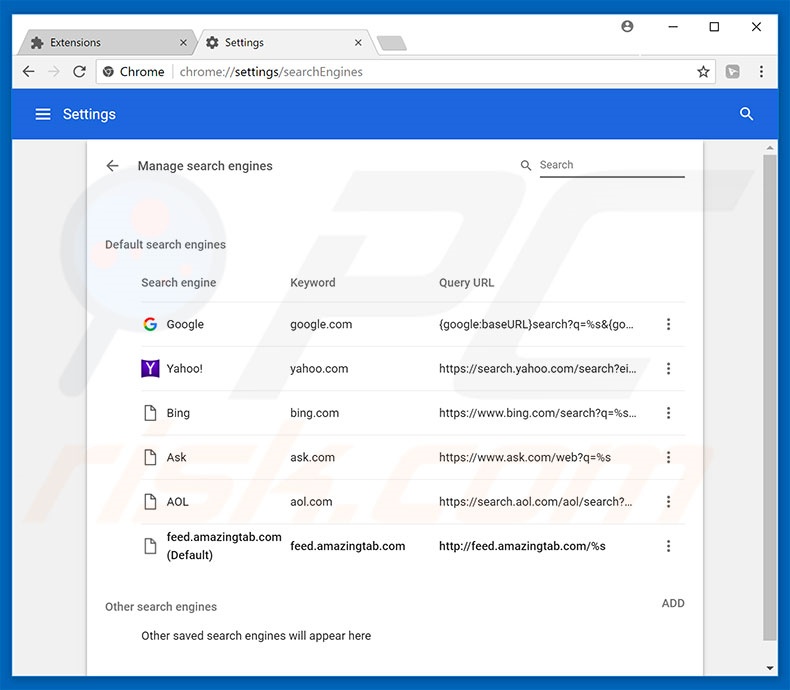 Eliminando feed.amazingtab.com del motor de búsqueda por defecto de Google Chrome
