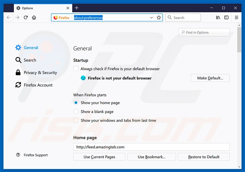 Eliminando feed.amazingtab.com de la página de inicio de Mozilla Firefox