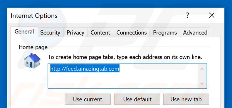 Eliminando feed.amazingtab.com de la página de inicio de Internet Explorer