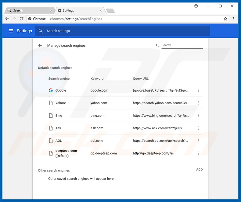 Eliminando go.deepteep.com del motor de búsqueda por defecto de Google Chrome